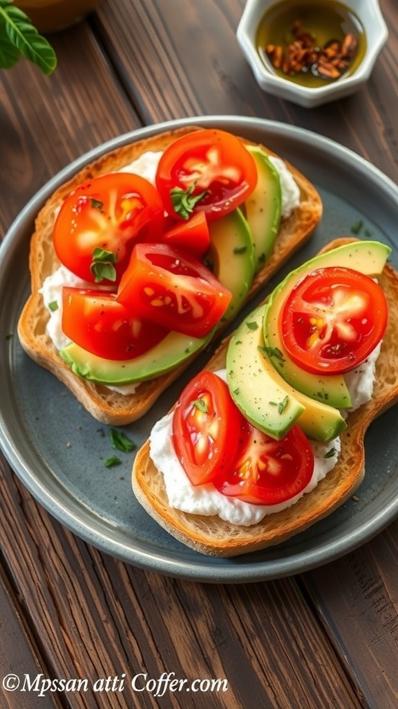 Savory toast with avocado and tomato on a wooden table, garnished with herbs.